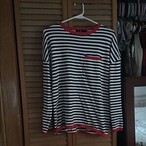 Striped Black and White Long Sleeve Top with Red Accents